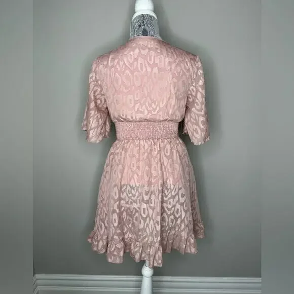 Cute Leopard Print Empire Waist Ruched Flutter Sleeve Mini Dress Pink Size XS - Picture 7 of 8